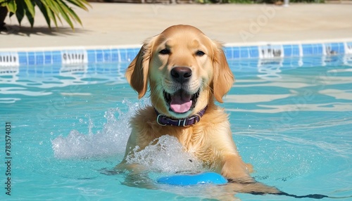 Golden retriever puppy swims in a pool in bright colours 