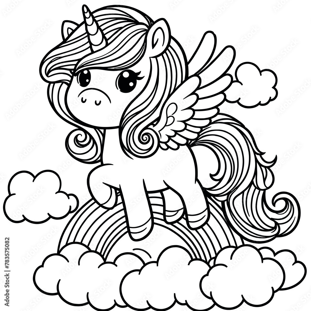 Fototapeta premium A black-and-white drawing of a winged unicorn is above a cloud.&nbsp;