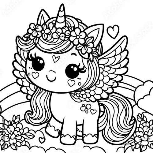 A black and white drawing of a unicorn with wings
