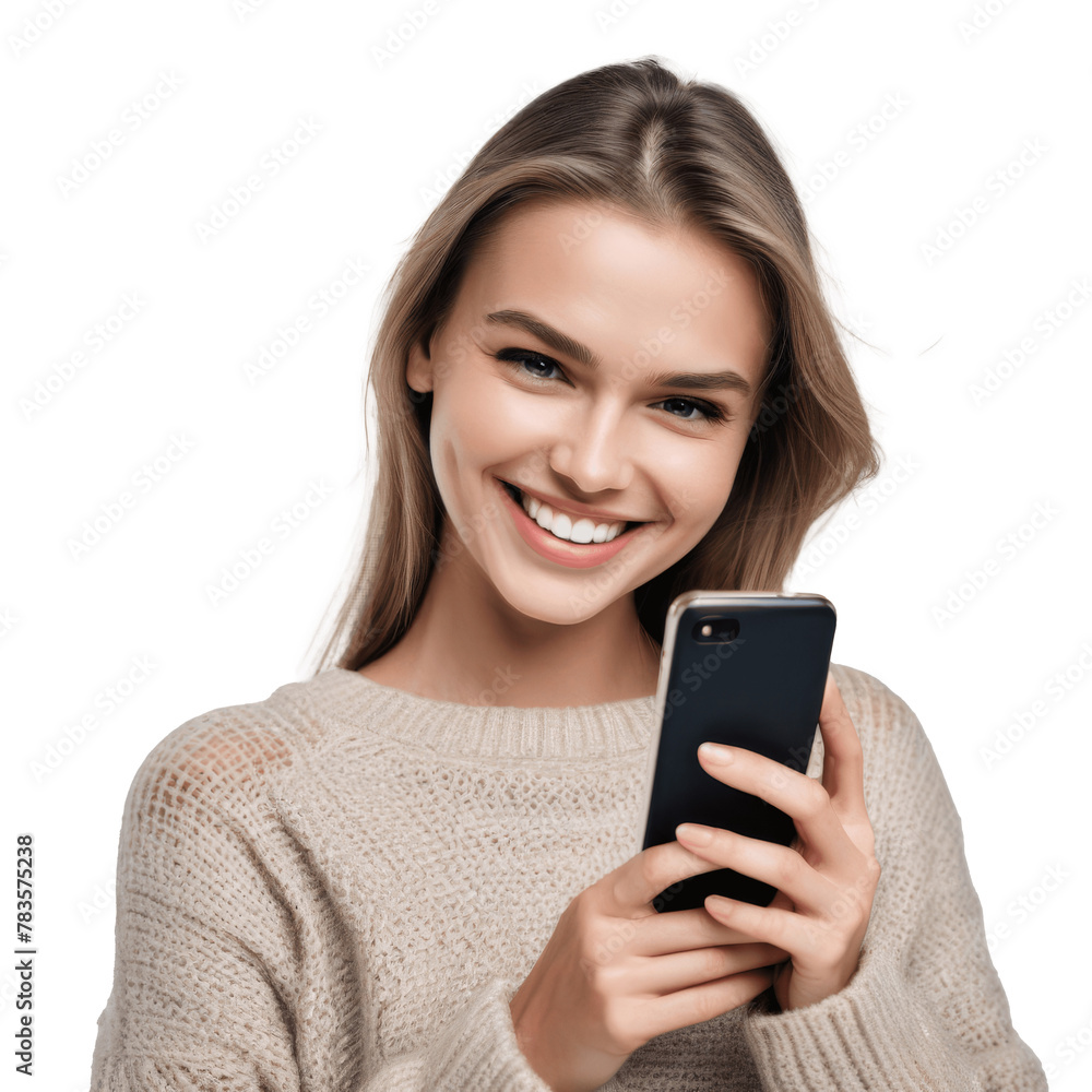 smiling woman in sweater with mobile phone isolated on transparent background smiling woman in sweater with mobile phone isolated on transparent background