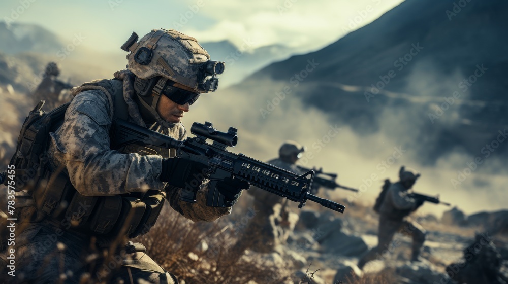 Realistic depiction of a focused soldier in full gear aiming his rifle, the tension palpable in crystal-clear 4k. Realistic depiction of a focused soldier in full gear aiming his rifle, the tension palpable in crystal-clear 4k.
