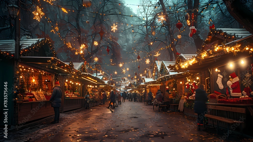 A festive Christmas market with stalls filled with colorful decorations, glowing lights, and people enjoying the joyful atmosphere