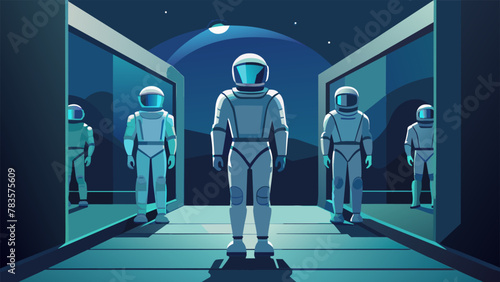 A holographic display showcased the progression of space suits from bulky metal contions to sleek formfitting bodysuits. Reflections of distant