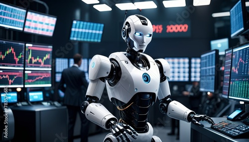 A humanoid robot attentively surveys financial data on multiple trading screens, set against the backdrop of a bustling stock exchange.. AI Generation © Anastasiia