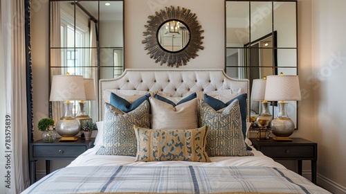 In the bedroom a large mirror is positioned behind the headboard of the bed creating a symmetrical focal point. The reflection of the bed and surrounding decor adds depth and interest .