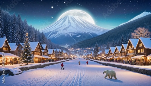 Winter wonderland landscape background at night with polar bear in bright colours 