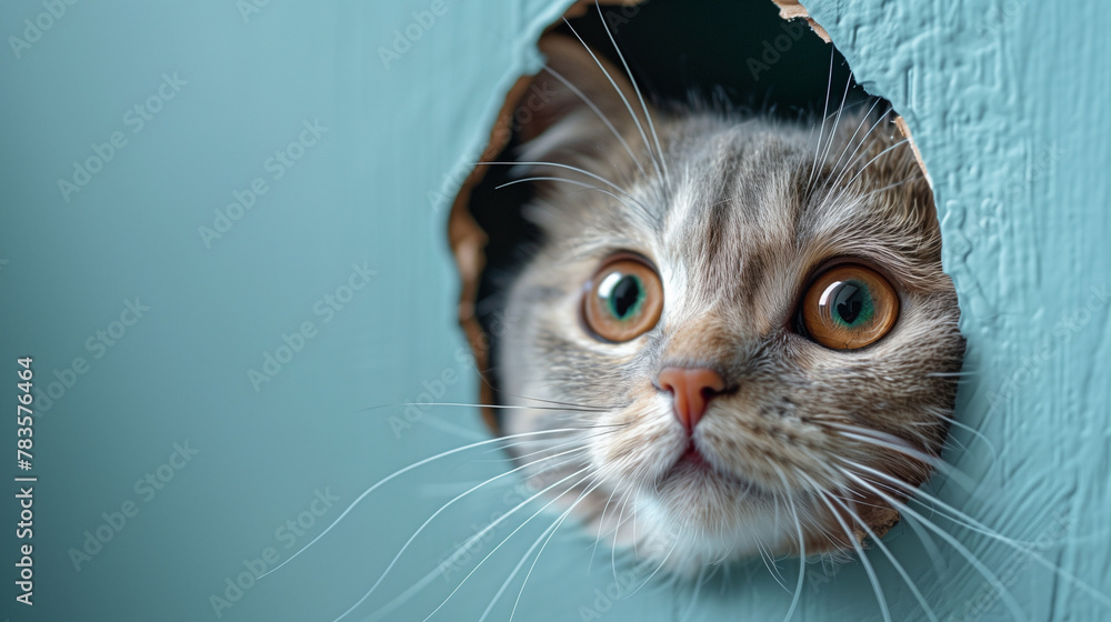 Cute kitten head peeking through a hole