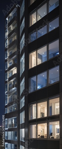 Facade view of a building at night in bright colours 