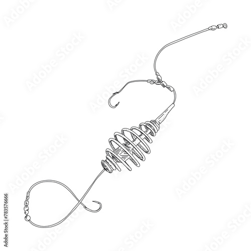 Fishing feeder spring bottom vector illustration. Hook angler tackle. Metal lure feeding. Bait minnow line drawing. Ink silhouette black outline 