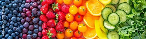 Vivid mosaic of fresh fruits and vegetables creating a rainbow spectrum  a vibrant display of healthy  colorful produce. 