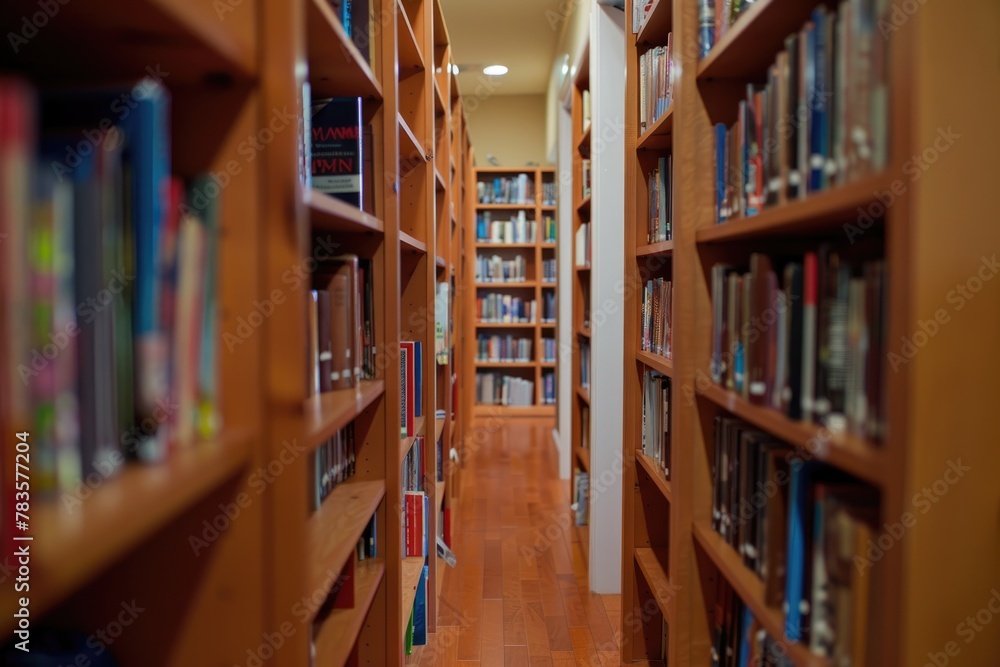 A row of bookshelves filled with numerous books in a library setting, showcasing a love of reading and knowledge A row of bookshelves filled with numerous books in a library setting, showcasing a love of reading and knowledge