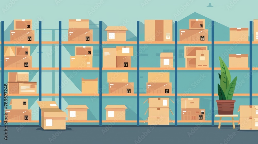 Rows of shelves filled with organized cardboard boxes in a warehouse Rows of shelves filled with organized cardboard boxes in a warehouse