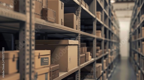 A large room filled with shelves holding numerous boxes for storage in an order storage warehouse