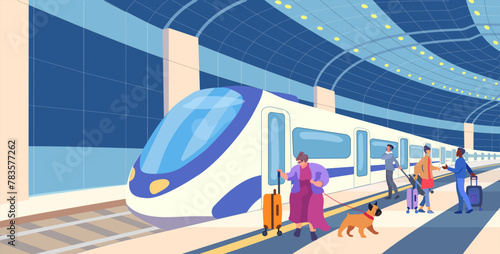 Railway. Metro station. Night Train. Passenger carriages on a platform with people. Inclusion human. Travel of a big woman with a dog and luggage. Meeting. Vector illustration