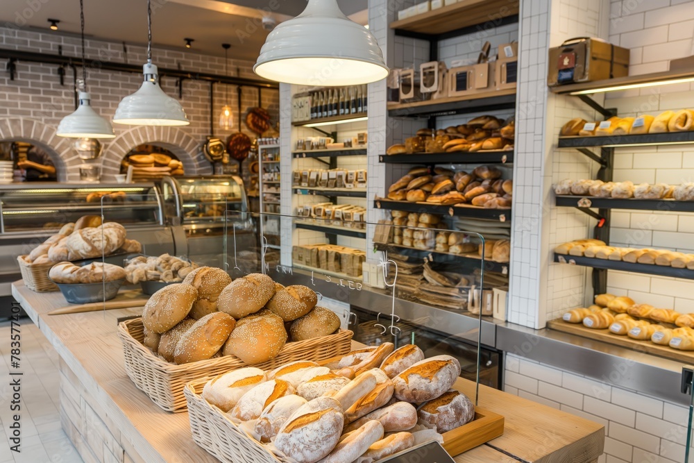 A bakery filled with various types of freshly baked bread, rolls, and desserts displayed on shelves