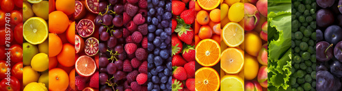 Vivid mosaic of fresh fruits and vegetables creating a rainbow spectrum  a vibrant display of healthy  colorful produce. 