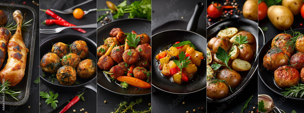 Collage of savory meatballs, herb-seasoned potatoes, and chicken with vegetables, all beautifully arranged on dark cookware.
