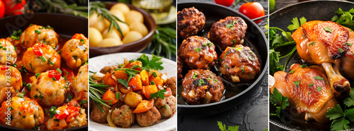 Collage of savory meatballs, herb-seasoned potatoes, and chicken with vegetables, all beautifully arranged on dark cookware. 