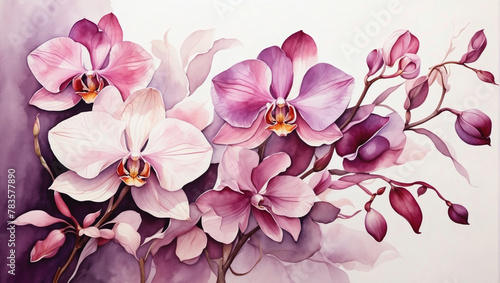 Serene watercolor painting of delicate orchids in shades of purple and magenta  exuding sophistication and grace.