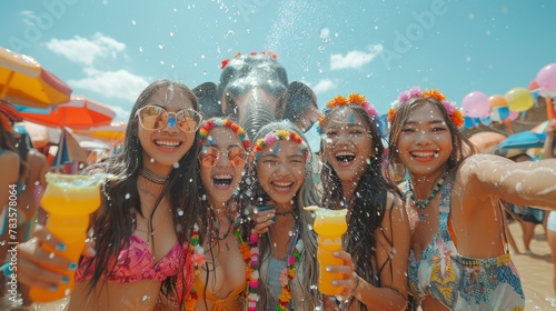 Group of joyful young people having fun at a summer water fight, holding water guns and smiling under a sunny sky.