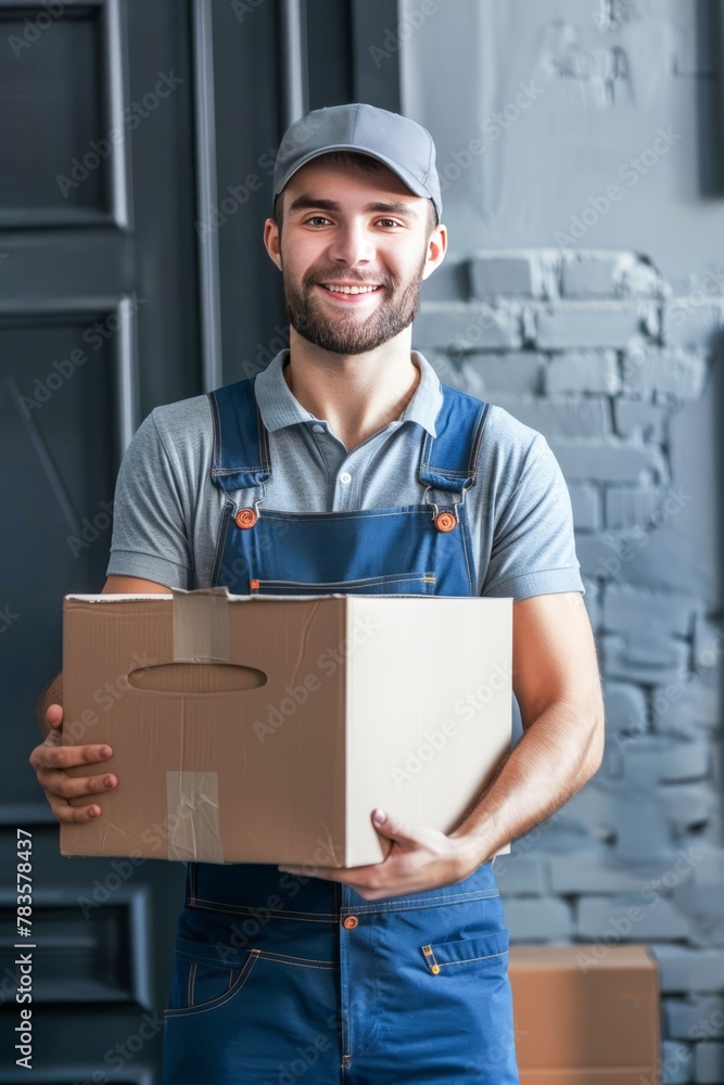 Smiling Delivery Man in Green Apron Holding a Package in a Modern Kitchen Smiling Delivery Man in Green Apron Holding a Package in a Modern Kitchen