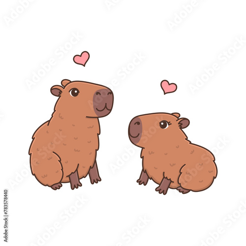Cute cartoon capybaras in love. Funny rodent characters with hearts. Adorable sweet animals. Vector illustration isolated on white background