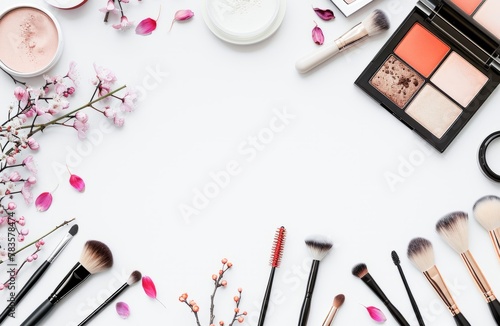 Beauty Products and Makeup Brushes Arranged on a White Background for a Cosmetic Showcase