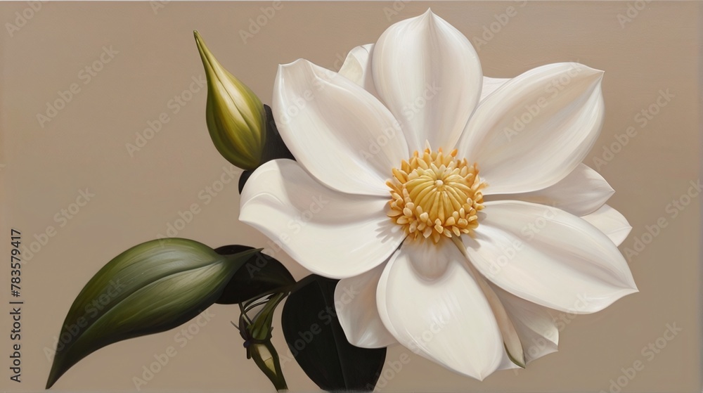 oil painting of a large white flower, its petals in full bloom, set against a soothing beige backdrop. a serene and elegant floral display. oil painting of a large white flower, its petals in full bloom, set against a soothing beige backdrop. a serene and elegant floral display.