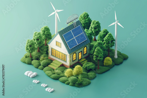 Renewable energy concept with house, wind turbine and solar panels, Isometric style.