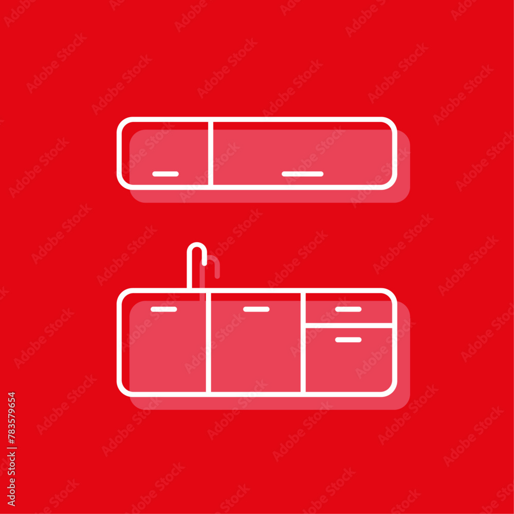 icona mobili arredamento, cucina con pensile, flat design, sfondo rosso icona mobili arredamento, cucina con pensile, flat design, sfondo rosso