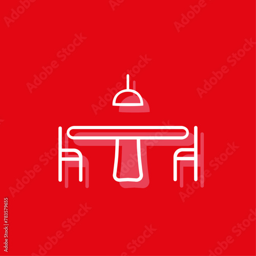 icona mobili arredamenti, cucina, sala da pranzo, sedie e tavolo con lampada, flat design, sfondo rosso