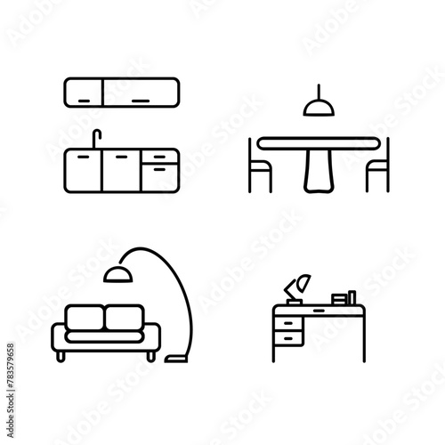 Minimalist Furniture and Interior Icons Set – Kitchen, Dining, Living Room, and Workspace Outline Design