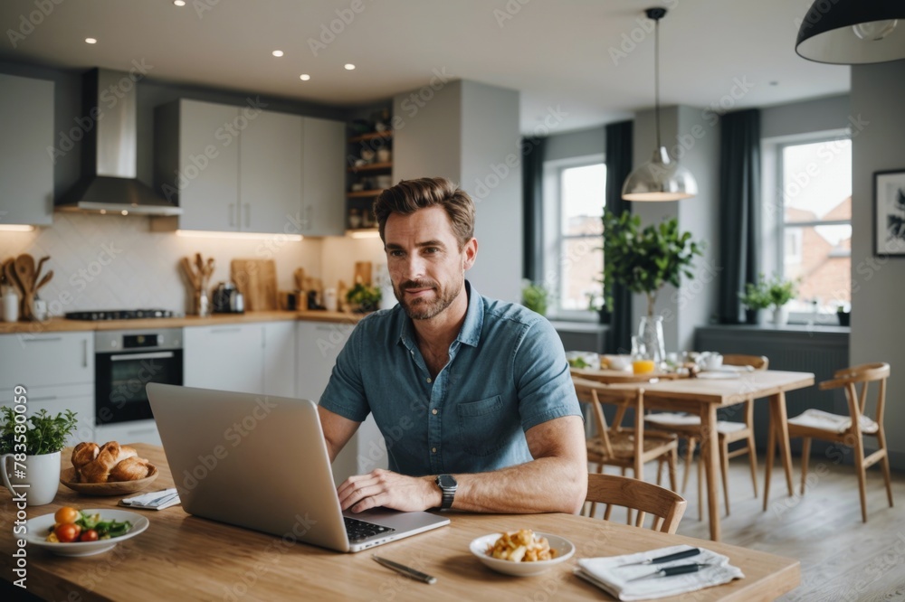 Laptop on dining table in open plan kitchen with man in background Laptop on dining table in open plan kitchen with man in background