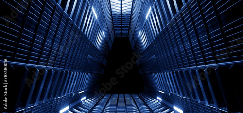 Sci Fi Futuristic Metal Steel Alien Spaceship Tunnel Hangar Structure Triangle Shaped Corridor Dark Realistic Glossy Basement Hyper Space Background Warehouse 3D Rendering