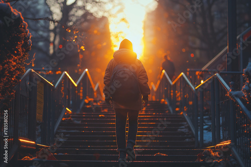 A person walking up the stairs at sunrise, with their back to camera, carrying backpack and looking towards photo