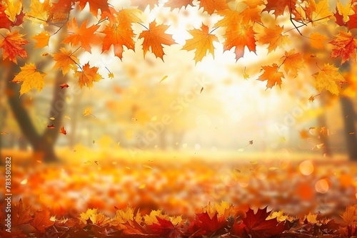 orange fall leaves in park  sunny autumn natural background. generative ai.