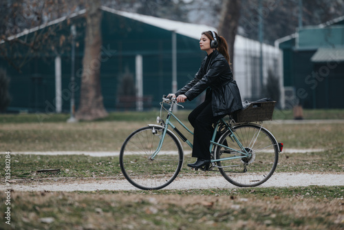 Confident and stylish young woman in business attire enjoys a bike ride in a tranquil outdoor environment.
