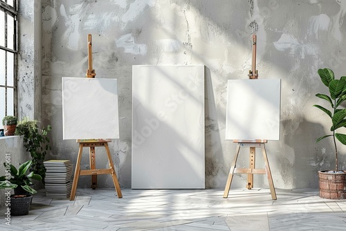 Simplistic artist studio mockup, easel and canvases, flooded with light