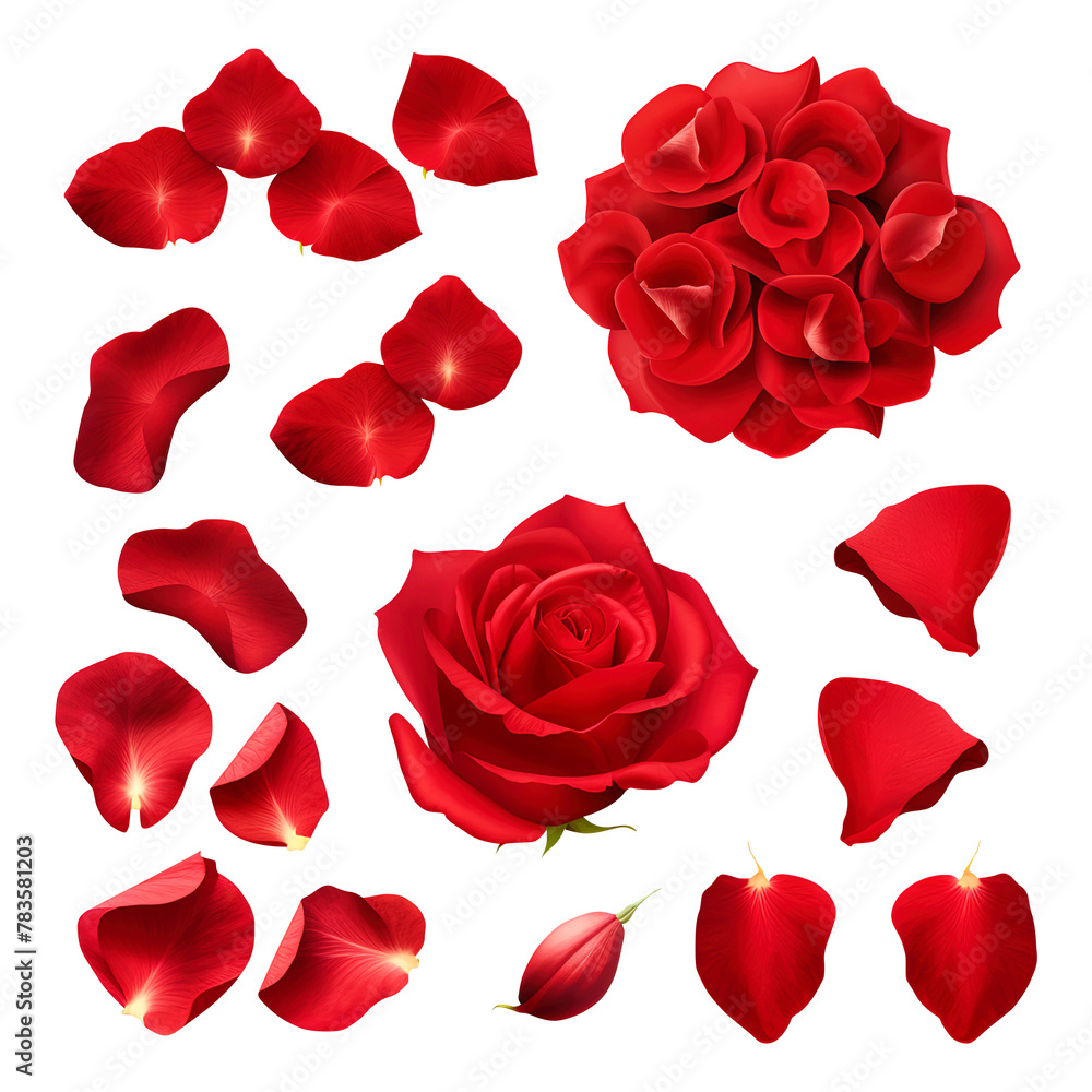 Red rose flowers petals isolated on white background Red rose flowers petals isolated on white background