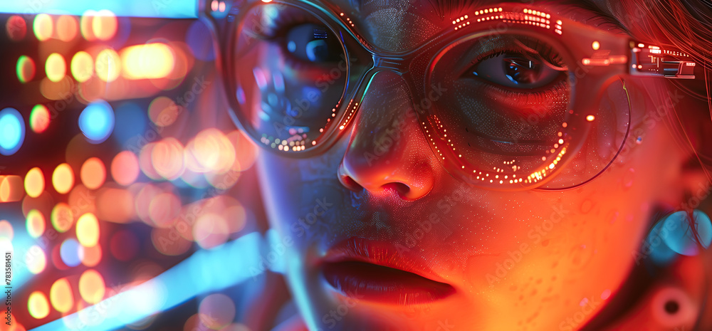 A woman wears digital glasses and gazes at a holographic display. Futuristic technology and innovation. Generative AI. A woman wears digital glasses and gazes at a holographic display. Futuristic technology and innovation. Generative AI.