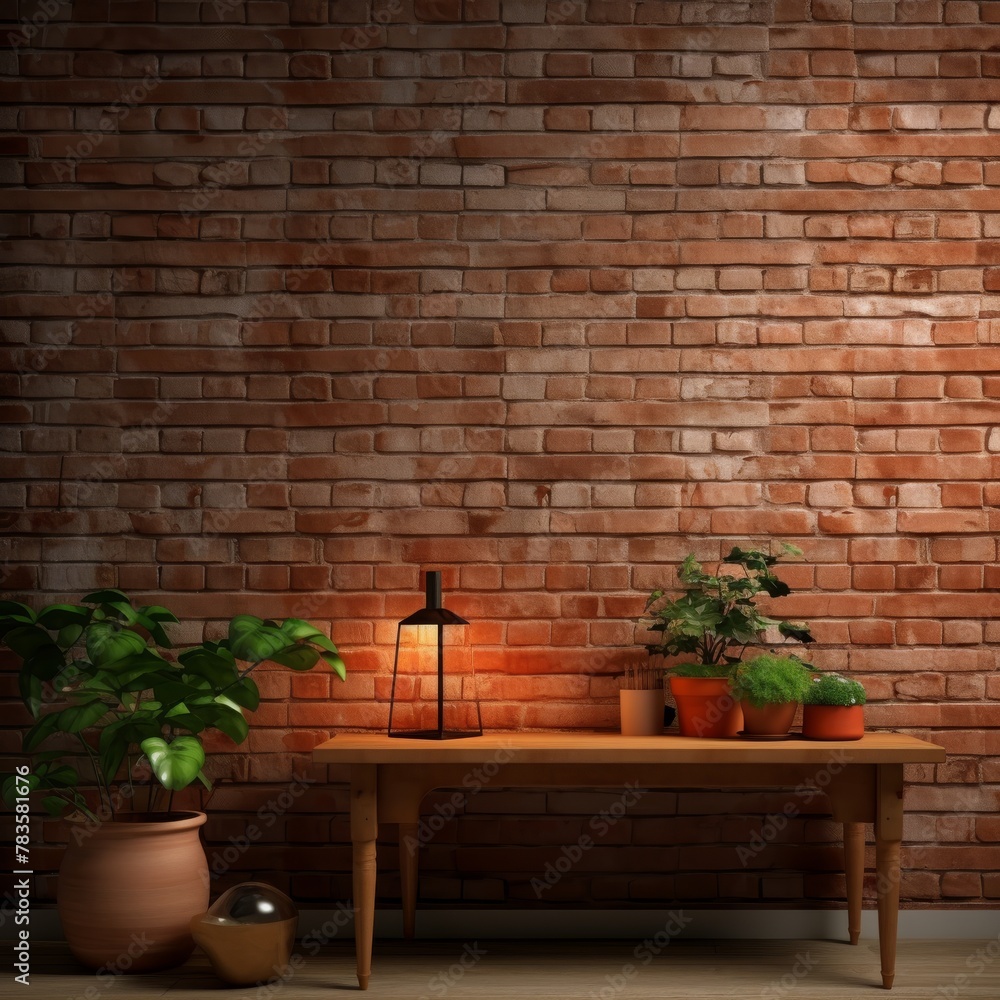 3d render of wooden table with plant and lamp on brick wall background 3d render of wooden table with plant and lamp on brick wall background