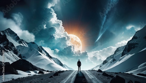 A lone explorer stands before a dramatic sunrise in a snowy mountain pass, invoking themes of adventure, solitude, and the majesty of nature.. AI Generation