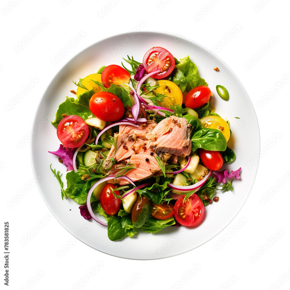 Salad with tuna and vegetables isolated on white background