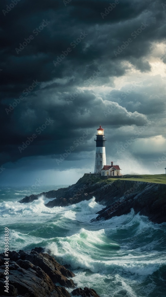 A stormy seascape with a lighthouse shining faintly in the distance, representing enduring hope and guidance through emotional storms