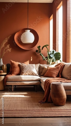 A modern living room with terracotta accent wall, woven textiles, and natural wood furniture. Sunlight streaming through a window