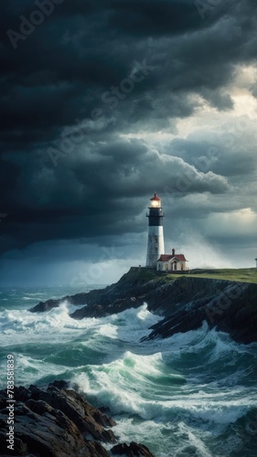 A stormy seascape with a lighthouse shining faintly in the distance, representing enduring hope and guidance through emotional storms