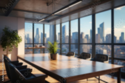 Blurred background of an office space with an office table  chairs  houseplants and panoramic windows overlooking the city and skyscrapers. Natural daylight