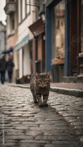 Tabby Cat Walking on Cobblestone Street Amidst Historic Buildings