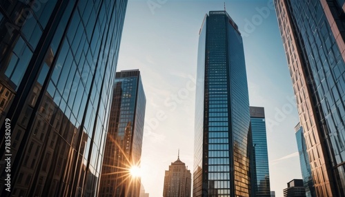 A warm sunrise gleams between high modern skyscrapers, reflecting the beginning of urban life. AI Generation