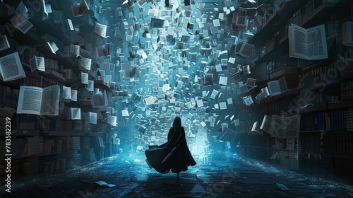 A mesmerizing scene unfolds as the word wizard weaves their linguistic magic surrounded by layers of floating words in various languages. With a flurry of movement the words begin . photo